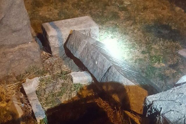 A picture of one of the toppled gravestones, shared by Dov Hikind on Twitter.